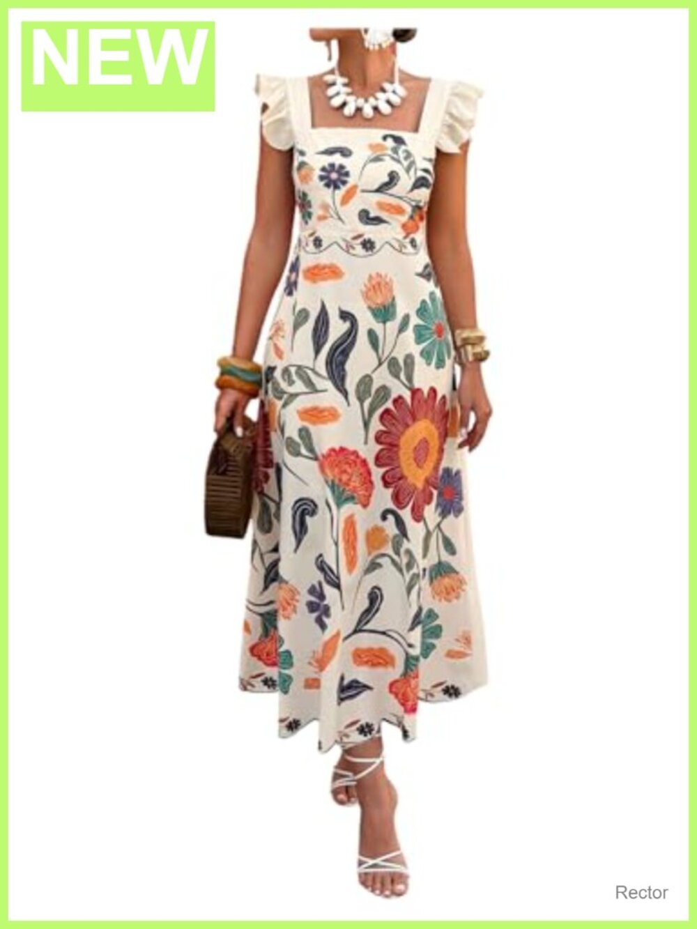 Women's Floral Ruffle Cap Sleeve Smocked A-Line Midi Dress Summer Vacation